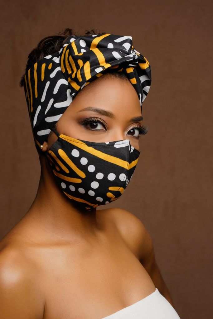 Mali African Print Black Mudcloth Wired Head wrap + Mask