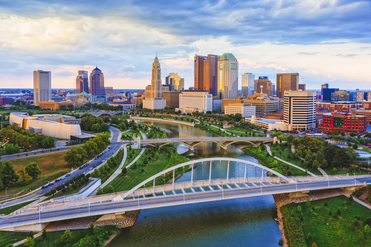 Columbus Ohio Scioto river and Main Street Bridge Aerial view of Downtown, best places to live