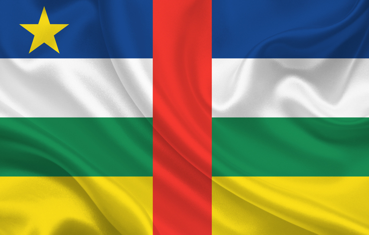Flag of Central African Republic on wavy silk fabric background panorama