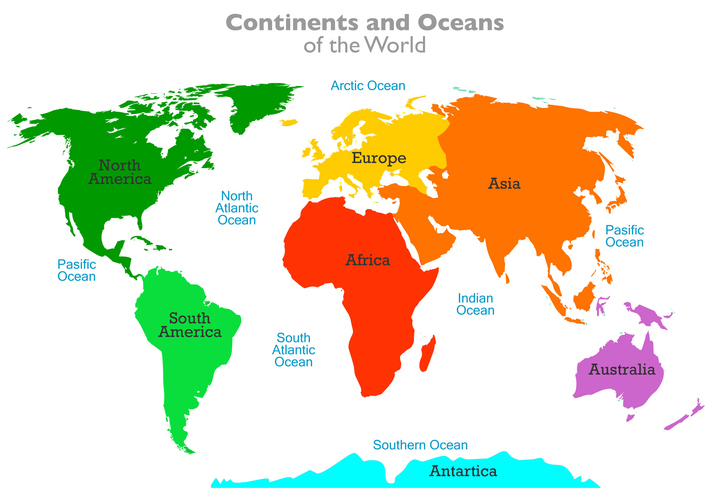 Continents, oceans, world map. North, South America, Europe, Africa, Asia, Australia, Antarctica. Five oceans, Pacific Atlantic Arctic, Indian, Southern. Vector illustration