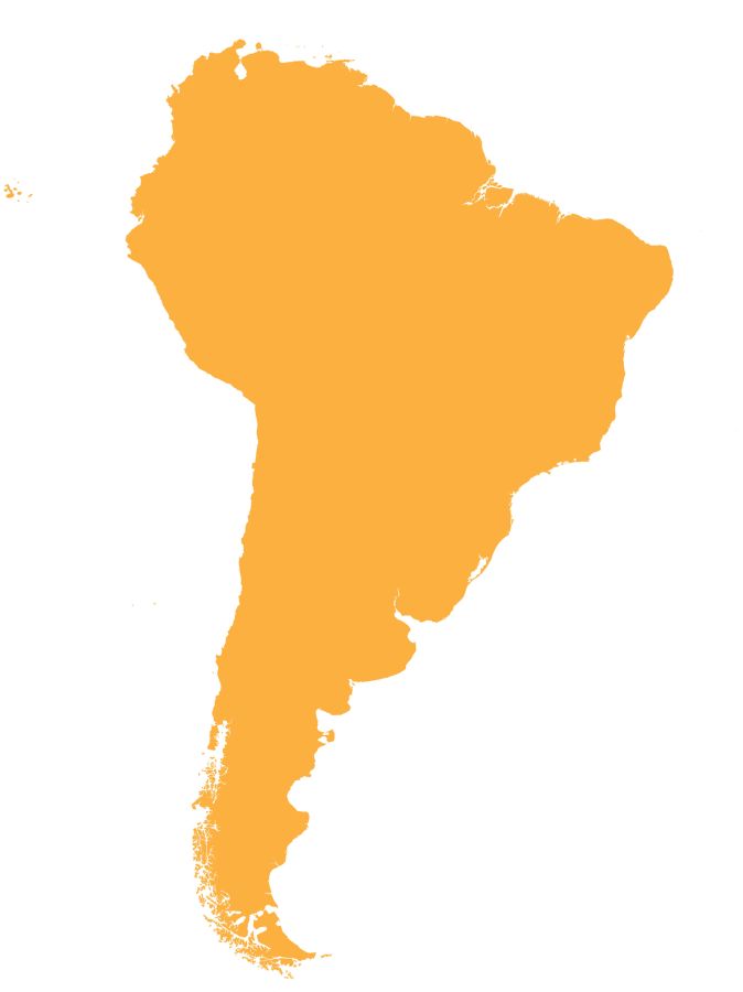Orange color map of the continent of SOUTH AMERICA