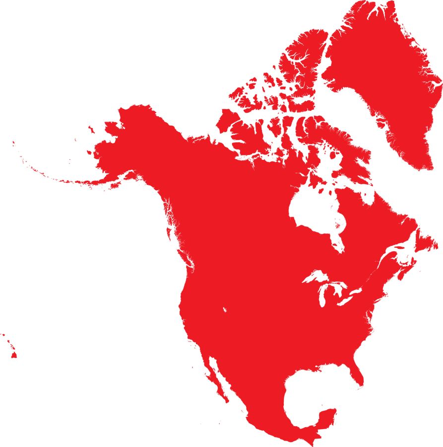 Red color map of the continent of NORTH AMERICA
