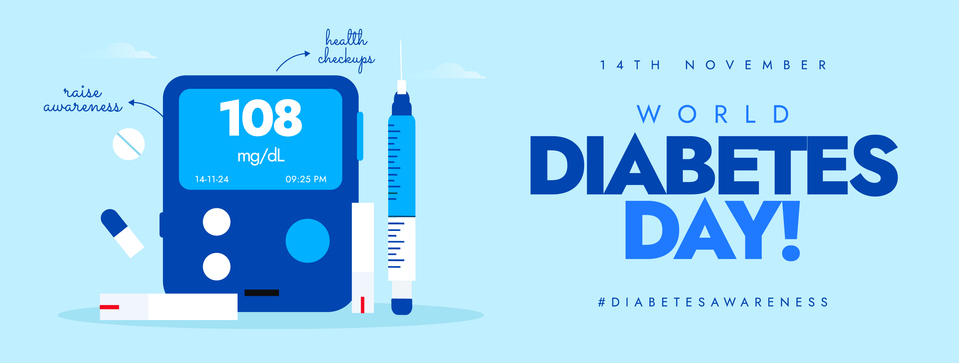 14th November Diabetes day social media banner with a glucometer, medicines, glucometer strips. The theme for 2024 is Diabetes and well being. Vector illustration