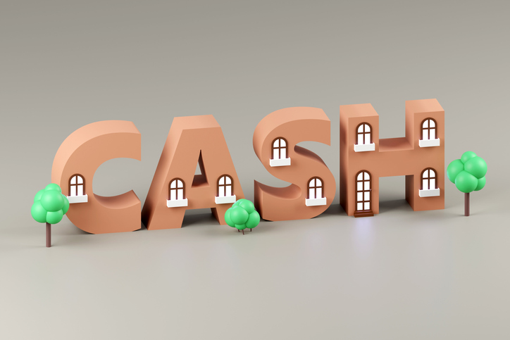 Luxury inscription cash on grey podium, soft light, smooth background, 3d rendering